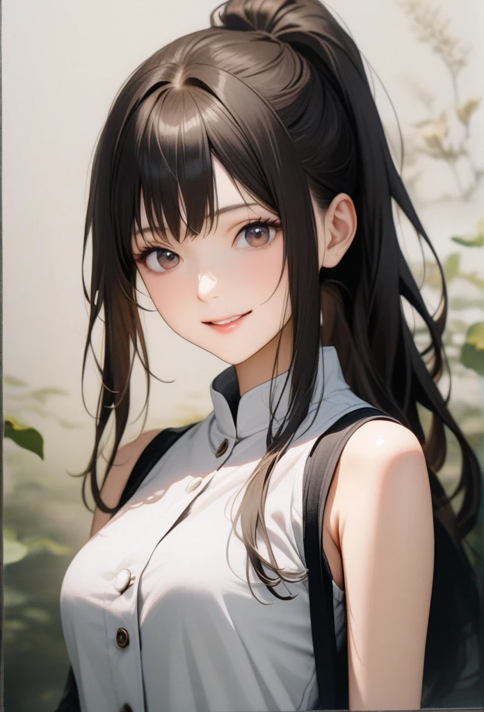 sleeveless, Ponytail, Japanese Girls, 8k, Legal photos, Top quality, masterpiece, Practical, Realistic super details, A girl, Lovely, The best smile, beautiful eyes, Long hair, Perfect facial features,whole body，Medium breasts