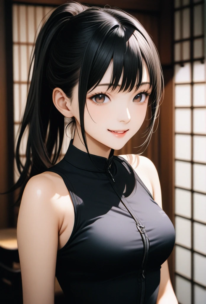 sleeveless, Ponytail, Japanese Girls, 8k, Legal photos, Top quality, masterpiece, Practical, Realistic super details, A girl, Lovely, The best smile, beautiful eyes, Long hair, Perfect facial features,whole body,Medium breasts