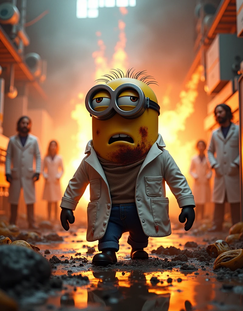 Other scientists stood watching. .Minion scientist Kevin in scientist suit. came out of the lab explosion fire covered in dust with burn marks.explosion scene from fire people looking at Kevin Minion