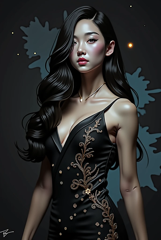 dark techno, cyberpunk,「Realistic image of a Asia Model She is elegant, pale, Perfect and long skin, Flowing black hair that blends with the surrounding shadows. Her kimono is exquisite and meticulous down to the last detail.., dark, Relaxing dark blue and black tones, Exquisitely decorated, Negative patterns that indicate a connection to the supernatural. 