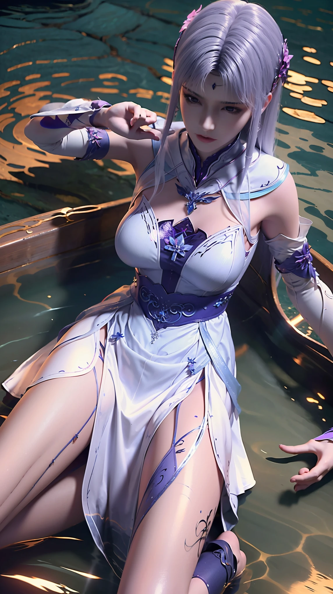 A tall and beautiful elf woman, light blue glowing eyes, cold expression, proud posture, chest up, lavender skin, purple facial tattoos, silver tied hair, exposed chest, exposed shoulders , showing her navel and thighs, looking up at the camera, in a medieval inn.