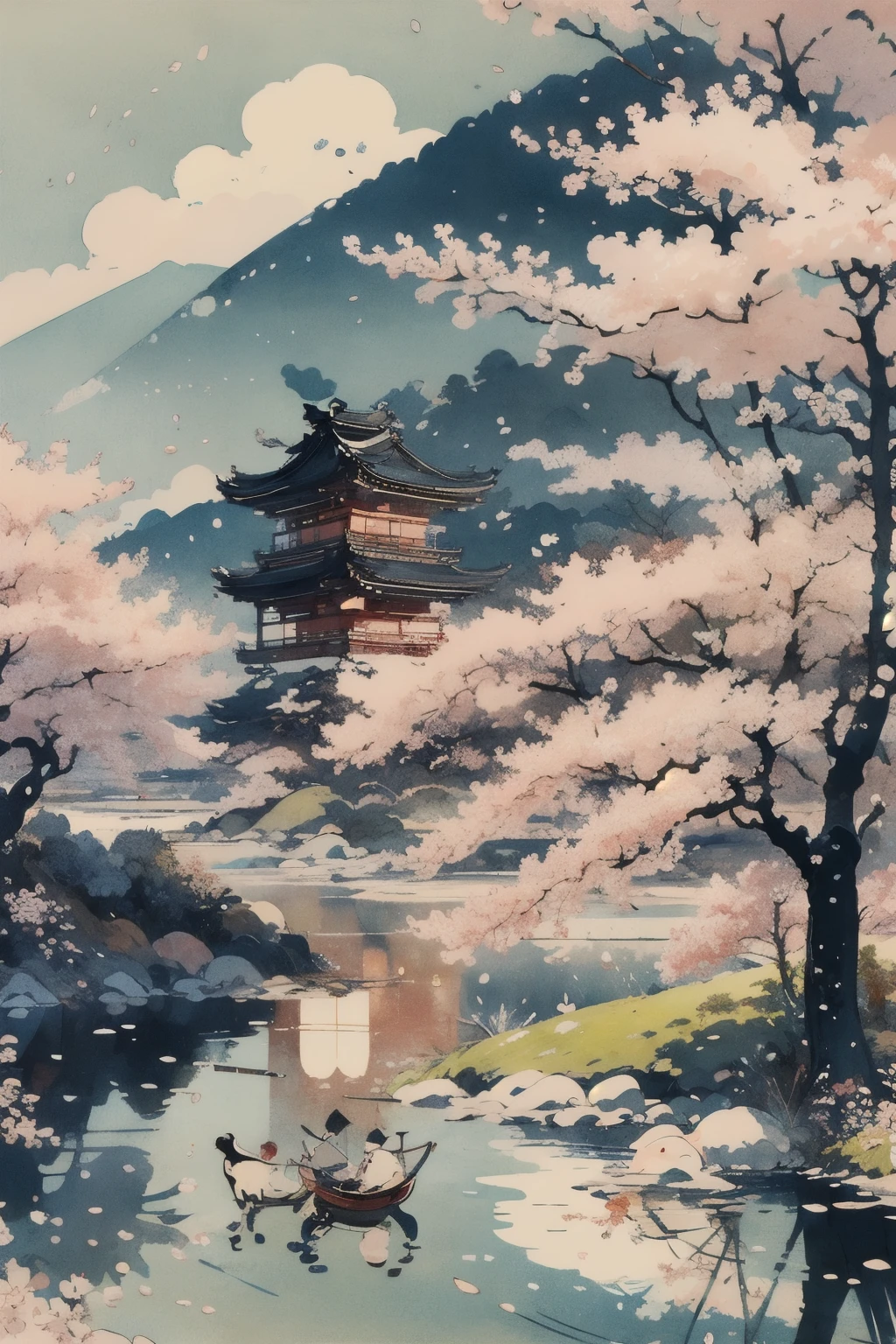 masterpiece,Highest quality,Cute Ukiyo-e,noon,Landscape painting,cherry blossoms