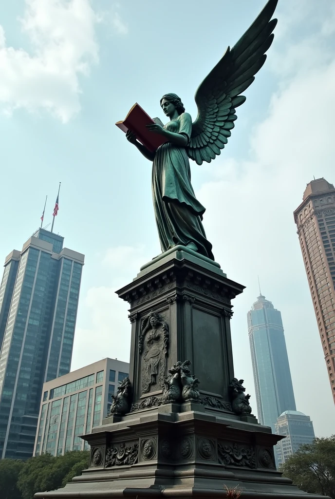 Monument to the Angel of Independence in Mexico City reading a book