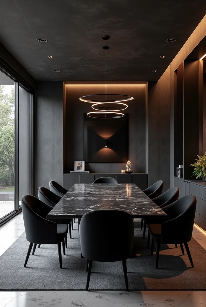 Professional 3d architecture rendering design of modern and minimal  dining room with  dark stone  colour  modern velvet  8 chairs and black  stone marble table  modern  and modern ceiling lighting and elegant ceiling lighting and dark wooden consulate  with elegant mirror elegant  and modern ceiling lighting and elegant wall painting  and elegant accessories 