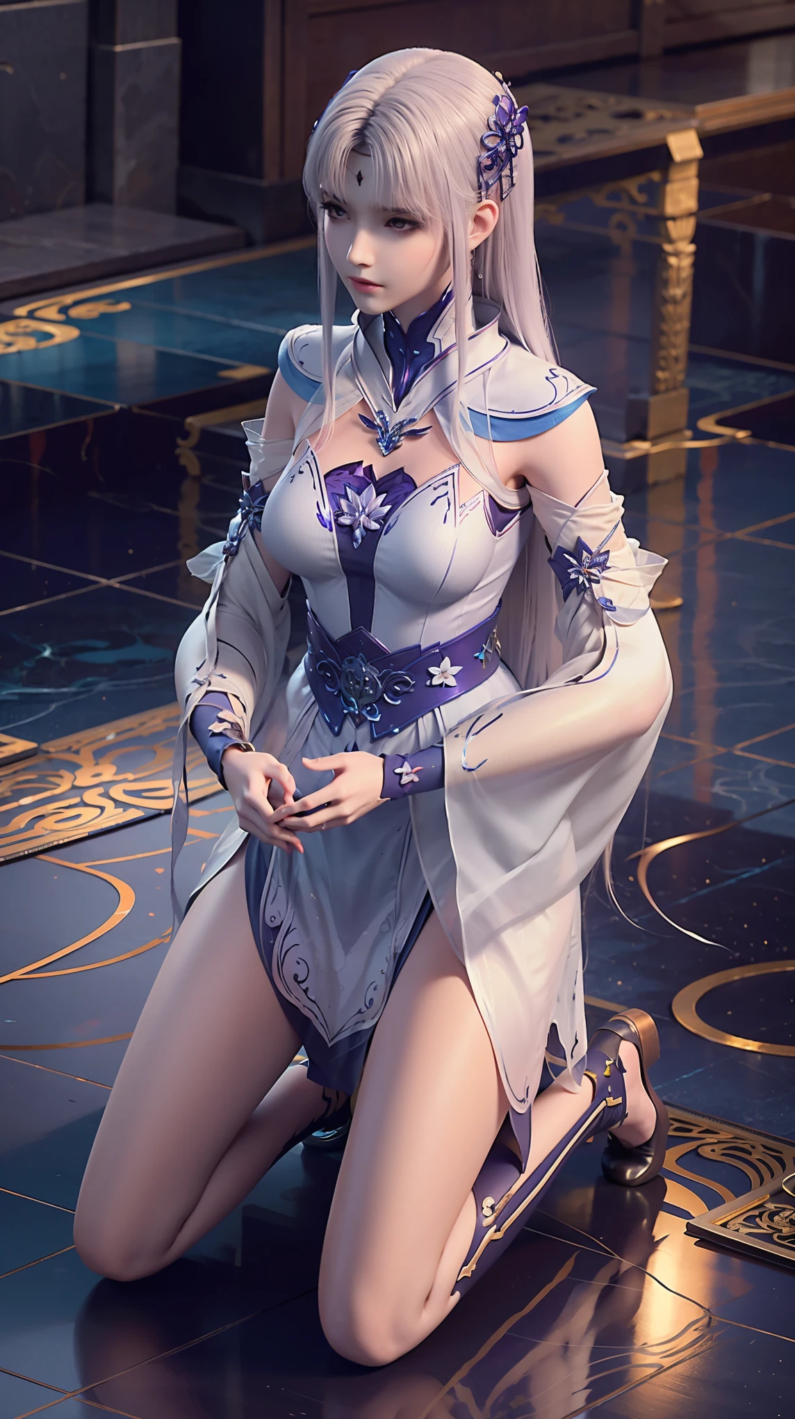 cheongsam,((whole body)), ((Sitting)), ((The hem is long, Sexy long legs)), ((Bare shoulders)),model, Young beautiful girl, Striking an elegant pose, Charming pose, Heat and cold, Beautiful and delicate eyes, Full breasts, slim body, Features, masterpiece, best quality, official art, Rich details, Clear face, Professional lighting, Physically based rendering, Necklace, Light makeup,Starry sky background,Sitting on the stars