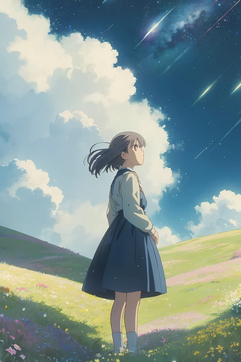 A girl on a meadow,Stars twinkling in the sky,Shining Star,milky way,I look up and see,masterpiece,Highest quality,最高masterpiece,Detailed anime art,Digital Art,