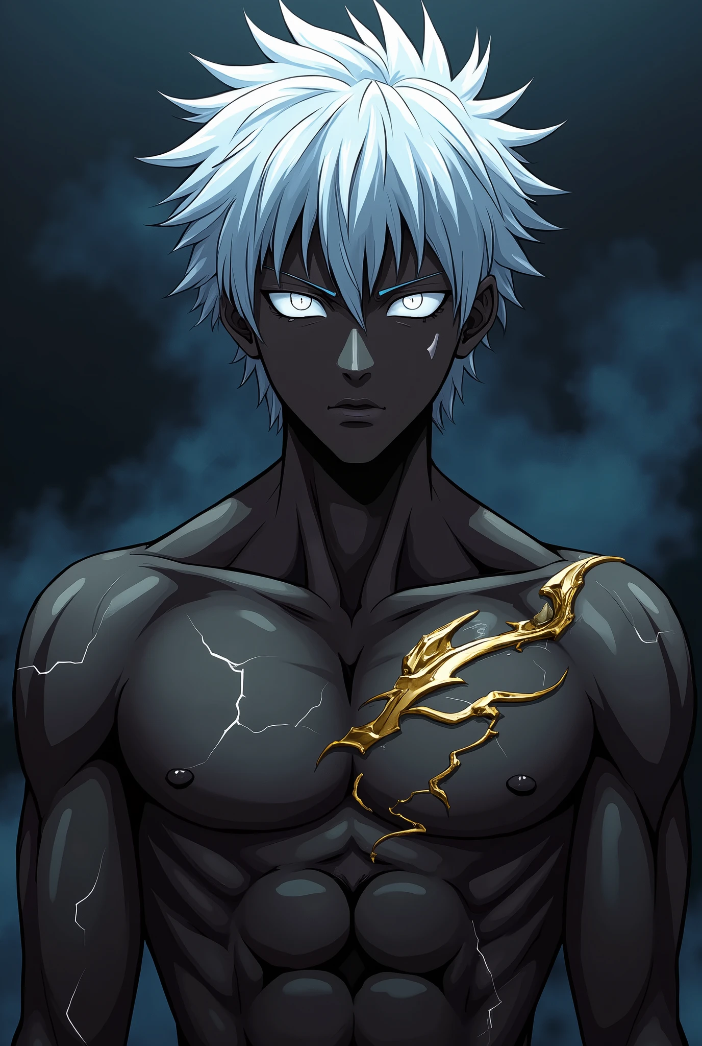 Young man,teenager, ebony skin, bright white eyes, cracked body, magic cracks, Smoke atmosphere, night, golden tattoo of swords on his chest, bare-chested. Powerful, muscular aura, anime style, Silver hair. (((Emiya Shirou face.)))