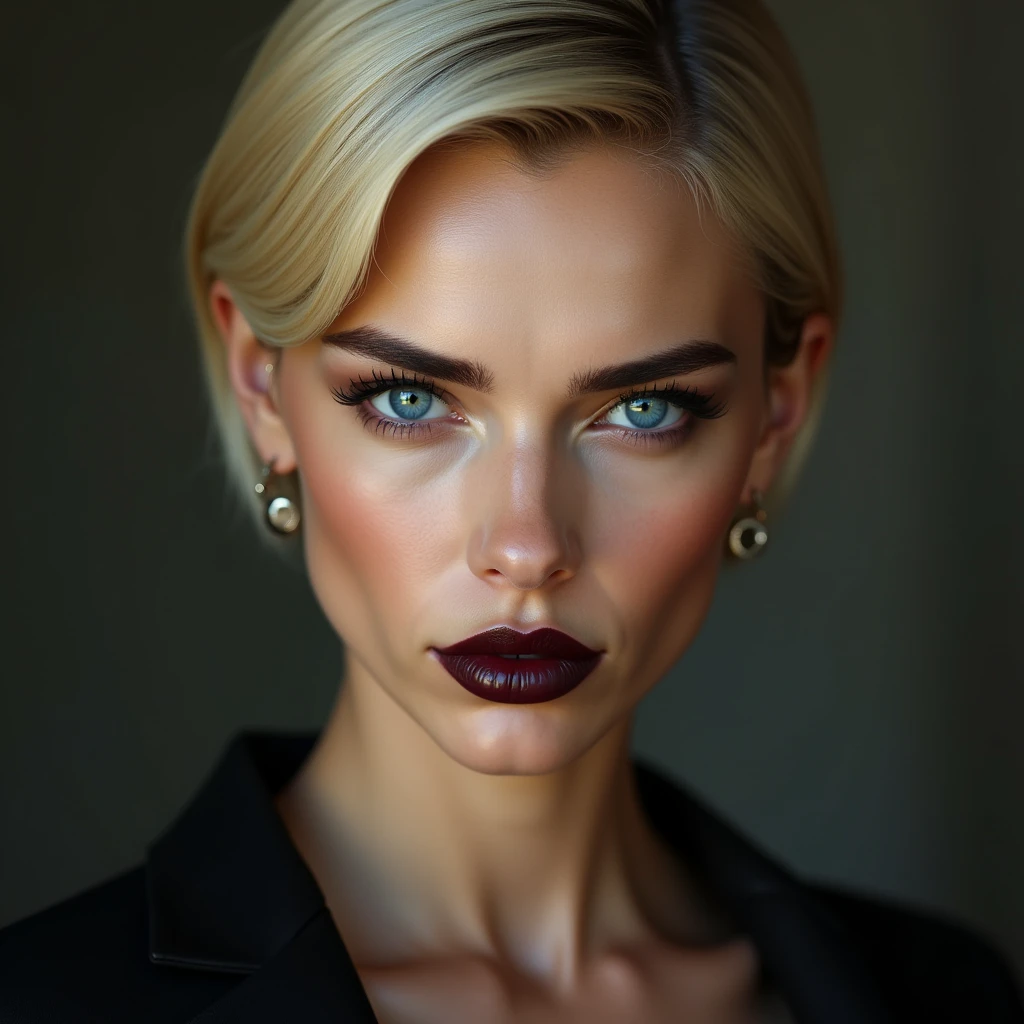 Adult female face, 30 years old, French, rich people, celebrity, arrogance, contemptuous, cruelty, Fine, clear, white skin without wrinkles or blemishes, Blonde, short hair, pixie cut, Forehead, arched, thin and light eyebrows, loose double eyelids, clear, reflective blue eyes, A straight, high nose, well-proportioned nostrils, dark lipstick, Shapely cheek line, clean jaw