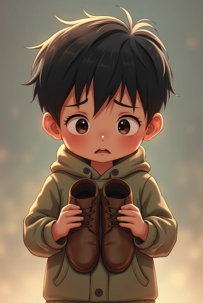 Cute boy holding his shoes and crying