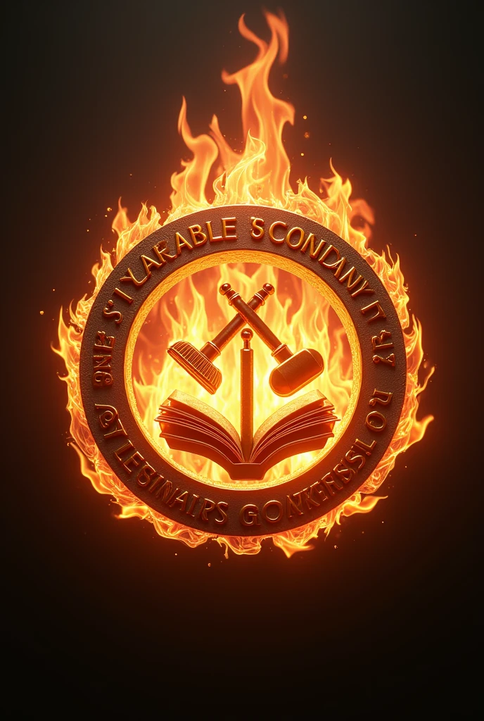 (photorealism:1.2), Supreme Secondary Learners Government in arc shape word, book, hammer and hands on the center, with flame that radiates all around