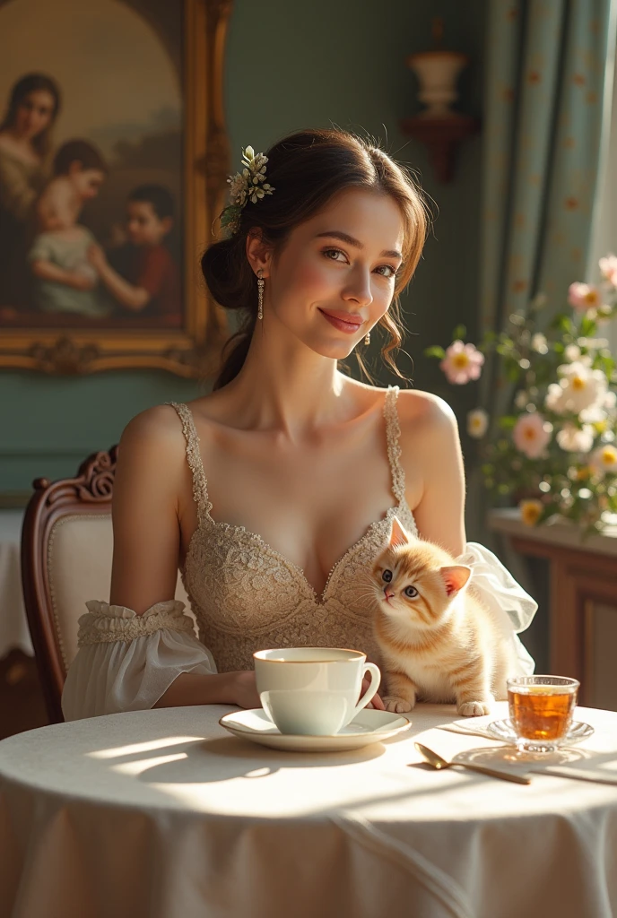 a  sitting at a table with a kitten, a picture, by Vladimir Novak, trending on pixabay, renaissance, tea cup, in a fancy dress, beautiful faces, 😃😀😄☺🙃😉😗, soft and fluffy, angelina stroganova, with kind face, very clear picture, very tiny, little smile, coffee, absolutely outstanding image, morning coffee meal --ar 3:5