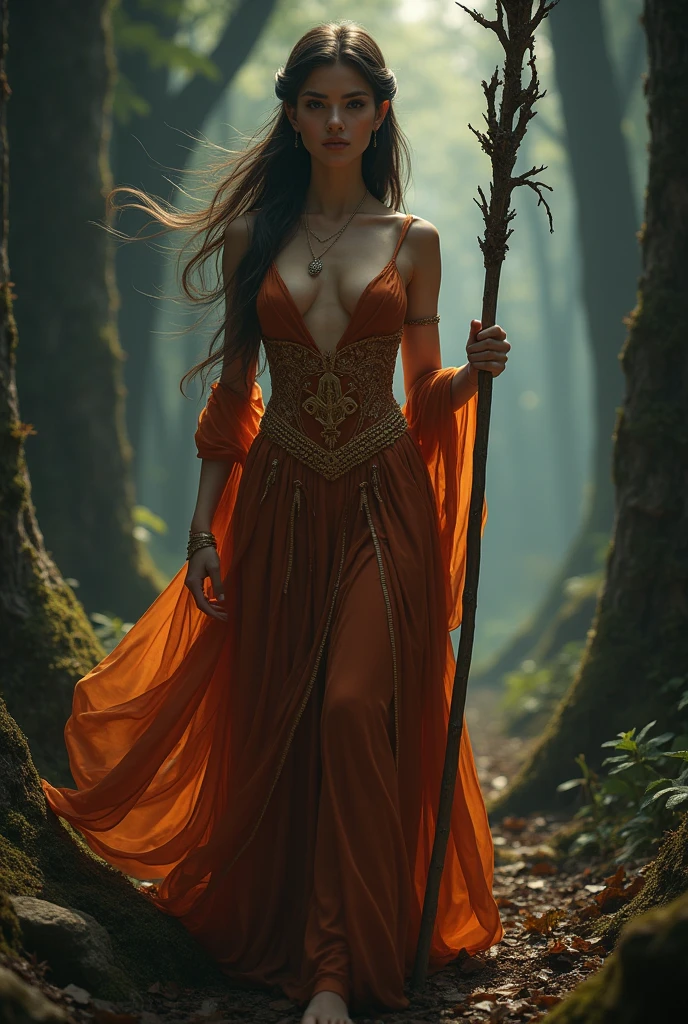 Kae, the Caucasian Elf Queen from Dungeons and Dragons, best quality, ultra-detailed CG unity 8k wallpaper, walking, high resolution, dynamic pose, beautiful face, (Hazel eyes:1.2, dark brown hair:1.3, side parted bangs, shoulder length hair, flowing auburn and gold dress, cleavage, bare midriff), depth of field, dark medieval forest, dark light, night time), (high fantasy), holding a druid staff