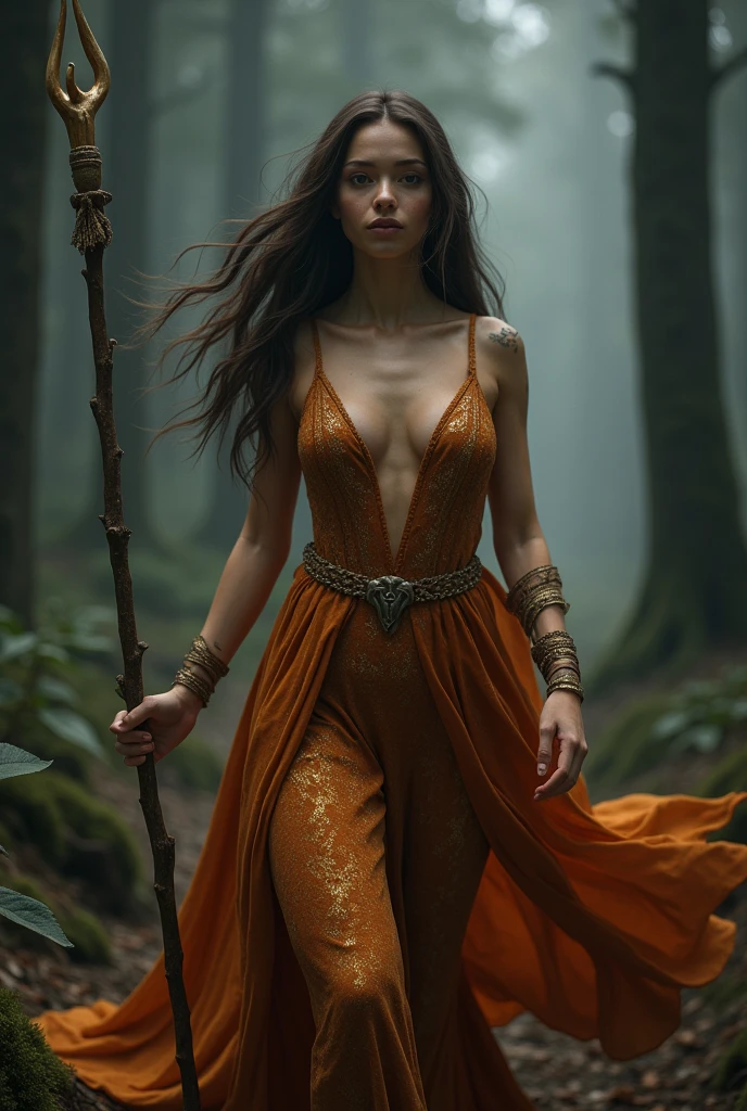 Kae, the Caucasian Elf Queen from Dungeons and Dragons, best quality, ultra-detailed CG unity 8k wallpaper, walking, high resolution, dynamic pose, beautiful face, (Hazel eyes:1.2, dark brown hair:1.3, side parted bangs, shoulder length hair, flowing auburn and gold dress, cleavage, bare midriff), depth of field, dark medieval forest, dark light, night time), (high fantasy), holding a druid staff
