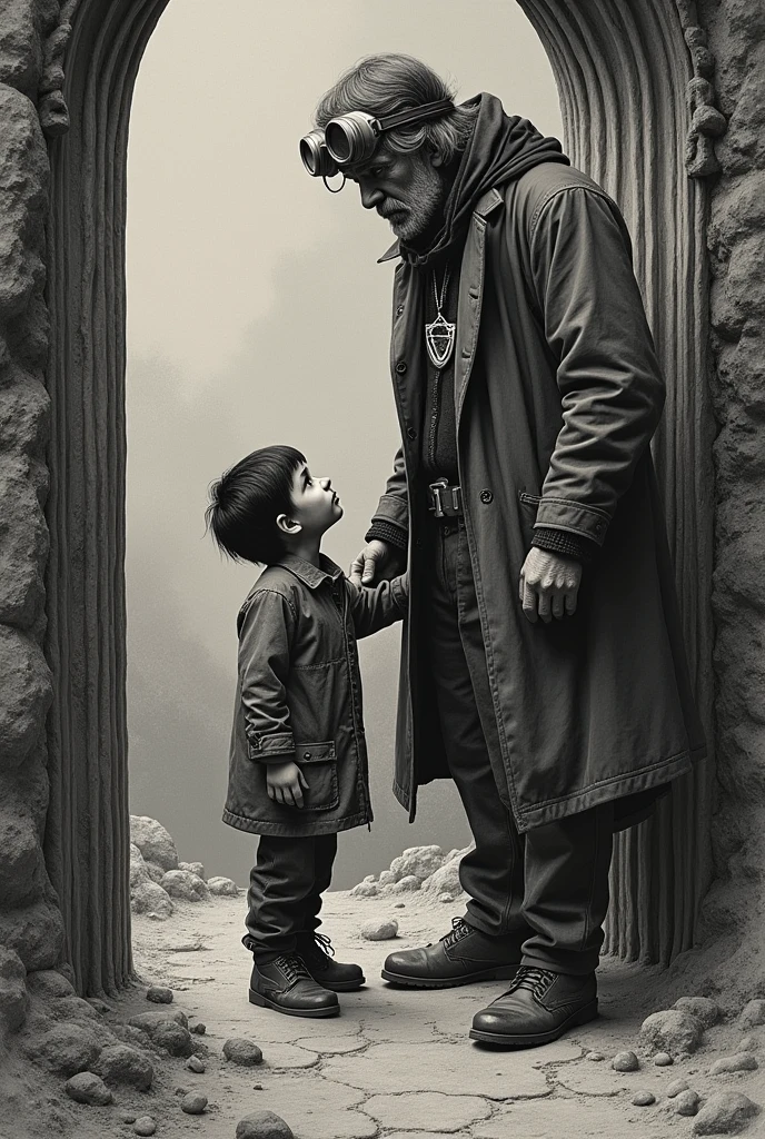 I want an engraving type drawing ,where the time traveler is seen entering through a portal door and seeing his childhood version .
I want the traveler to give the child a necklace with the Star of David