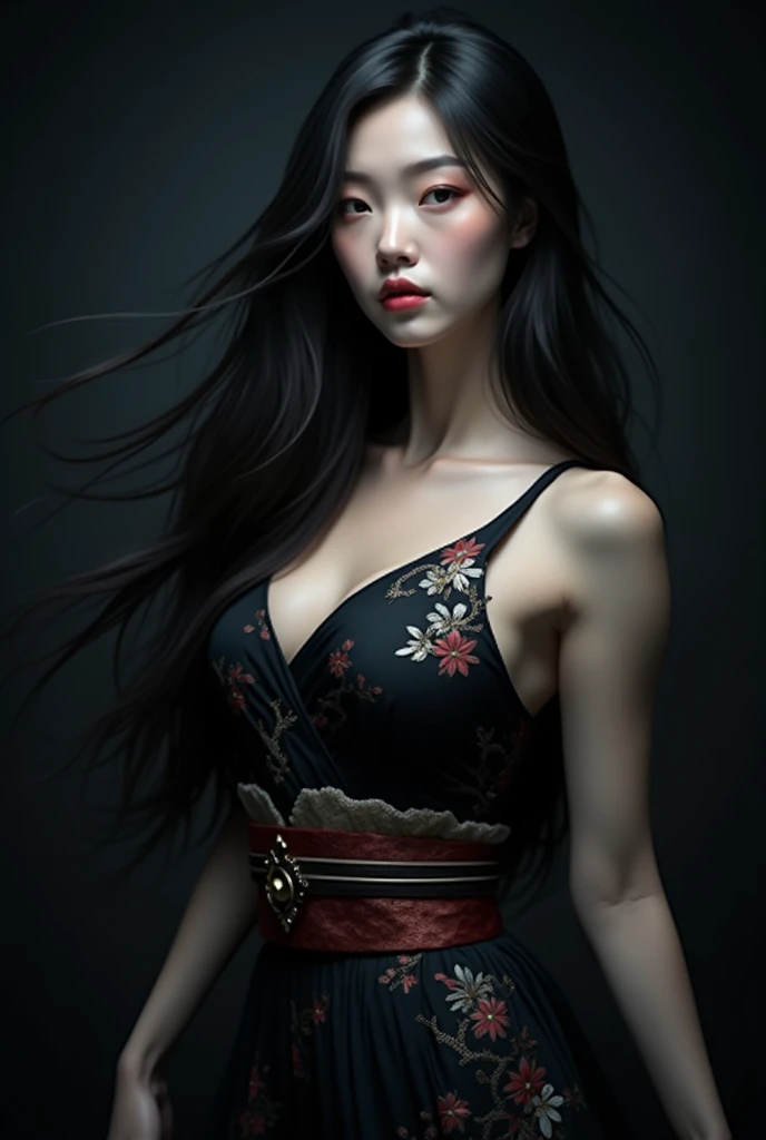 dark techno, cyberpunk,「Realistic image of a Asia Model She is elegant, pale, Perfect and long skin, Flowing black hair that blends with the surrounding shadows. Her kimono is exquisite and meticulous down to the last detail.., dark, Relaxing dark blue and black tones, Exquisitely decorated, Negative patterns that indicate a connection to the supernatural.