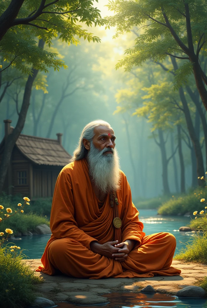 One old bramhana with full of beard and good hair meditating in the middle of the forest beside the river and wooden house besides that place ,that bramhana pandit meditating under the tree with sun on his head looks like rare person in the world