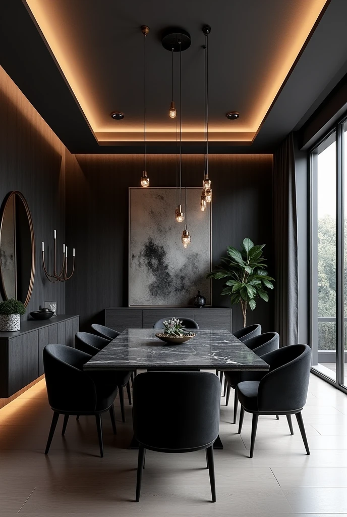 Professional 3d architecture rendering design of modern and minimal dining room with dark stone colour modern velvet 8 chairs and black stone marble table modern and modern ceiling lighting and elegant ceiling lighting and dark wooden consulate with elegant mirror elegant and modern ceiling lighting and elegant wall painting and elegant accessories
