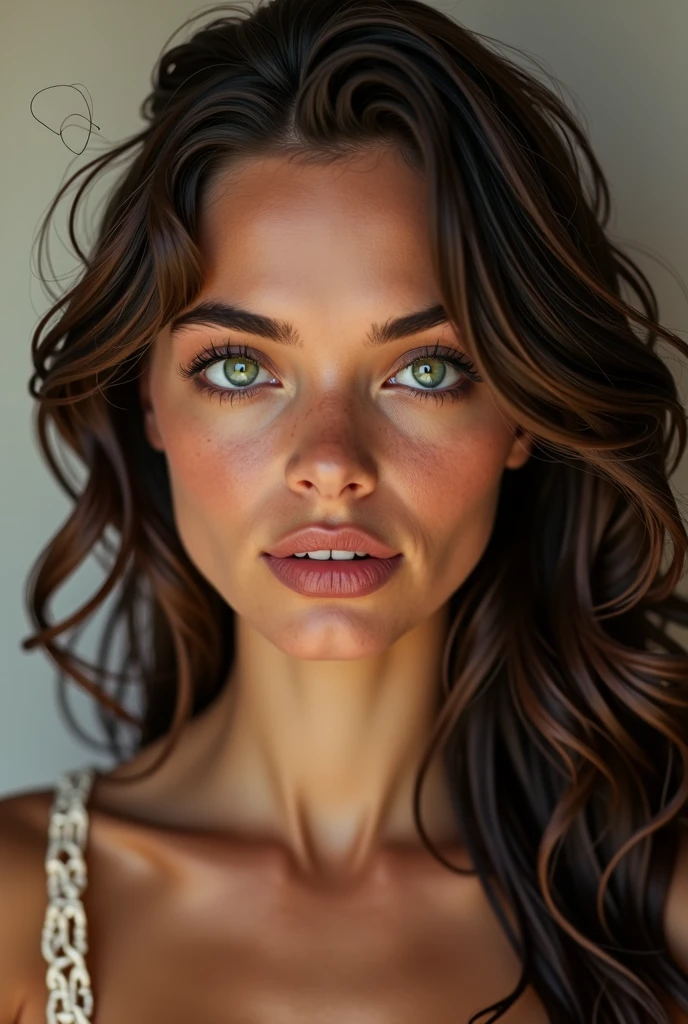 brunette long curls, big green eyes, plumped lips, beautiful aura, american