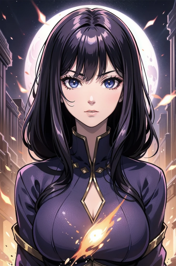 A beautiful woman, large breasts, black clothing, black clothing covering the body, tight clothing, long blue hair, a majestic black cape with a purple background, psychic powers