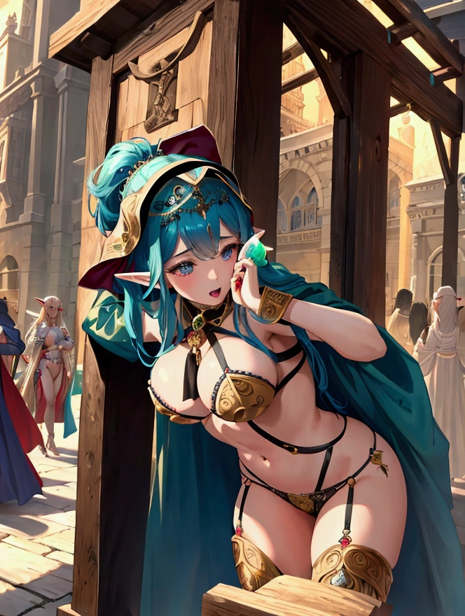 Highest quality, masterpiece, Ultra-high resolution, female、Big Breasts、Medieval city outdoors、She collapsed in obscene underwear.、Elves、Prostitute、after behavior