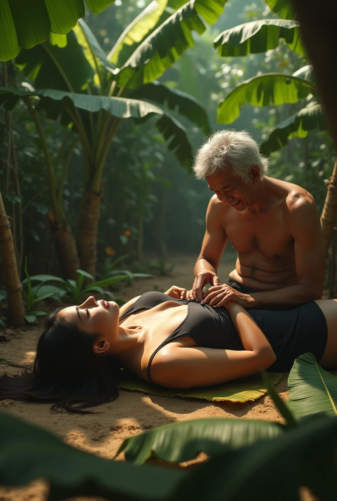an Indonesian woman,Beautiful,sexy woman body big breasts,tank top and short skirt,lying on his back in a banana grove on a mat of leaves,tired expression thin smile,woman climax,there is an old, thin, frail Indonesian grandfather,old grandfather sitting next to woman
