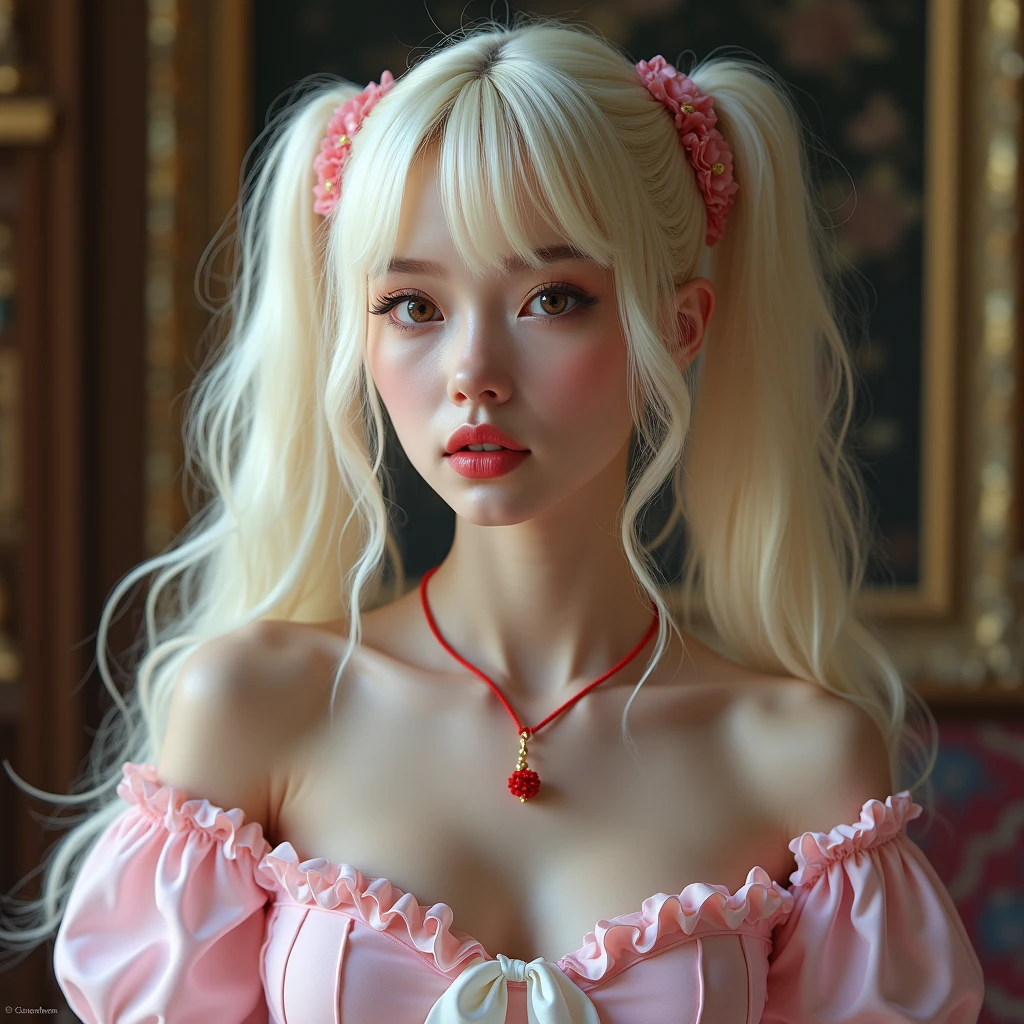 masterpiece、high resolution、8k、Delicate depiction、(((Realistic)))、(((real woman)))、(((photograph)))、(((not animation)))、(((not comic))),young、22years old、White、Blonde Hair、long hair、Twin tails、bangs、(((another eye on amount)))、(((another eye under bangs)))、Brown eyes、Pink lipstick、little smile,Pink open chest dress、White fabric on the chest、A fluttering red ornament on the collar、Bust Shot、Inside the castle