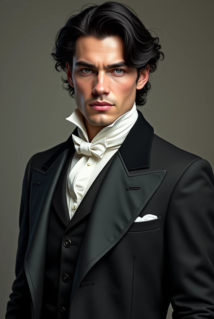 Handsome 3 man, Her skin is white, her black and wavy hair. Her hair is combed but she has a curl that is on her forehead, has blue eyes, filled lips, tall and muscular. He has a black Victorino suit, elegant. Without beard. He does not have a beard.