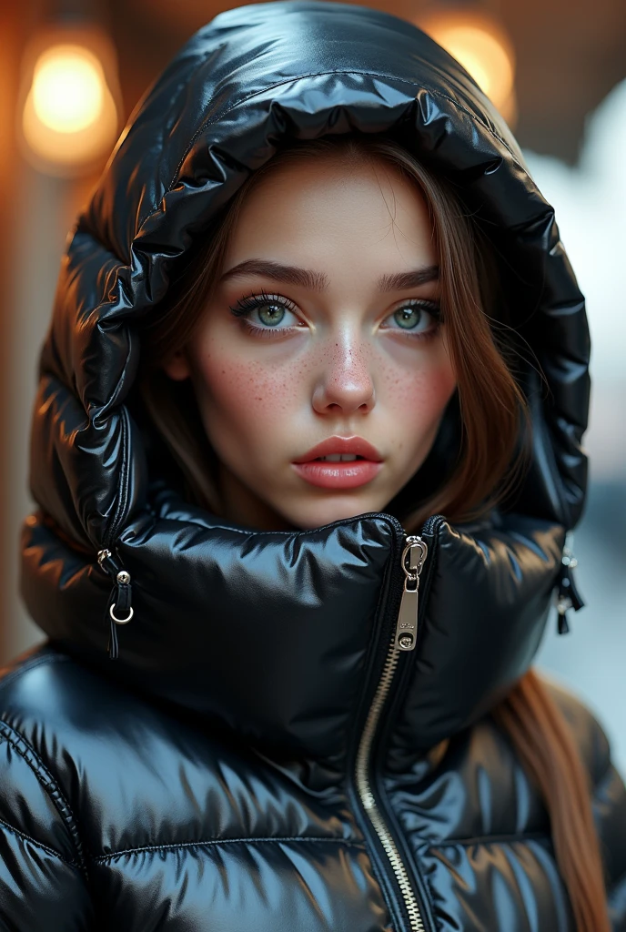 a slim ponytail girl,beautiful detailed eyes,beautiful freckles,beautiful detailed lips,extremely detailed eyes and face,longeyelashes,in beautiful detailed hooded formfitting duvetica overfilled shiny hyper gleamy hyper thick glossy unsealed puffer jacket covering her sealed hyper padded duvetica puffer vest,latex glossy stirrup legging,her full-foot glossy hyper padded overfilled thick inflated down slipers,symmetrical,walking in pufferstore,masterpiece,cinematic,lifelike,hyperrealistic,8k,photorealistic,highly detailed,intricate,exquisite,elegant,beautiful,stunning
