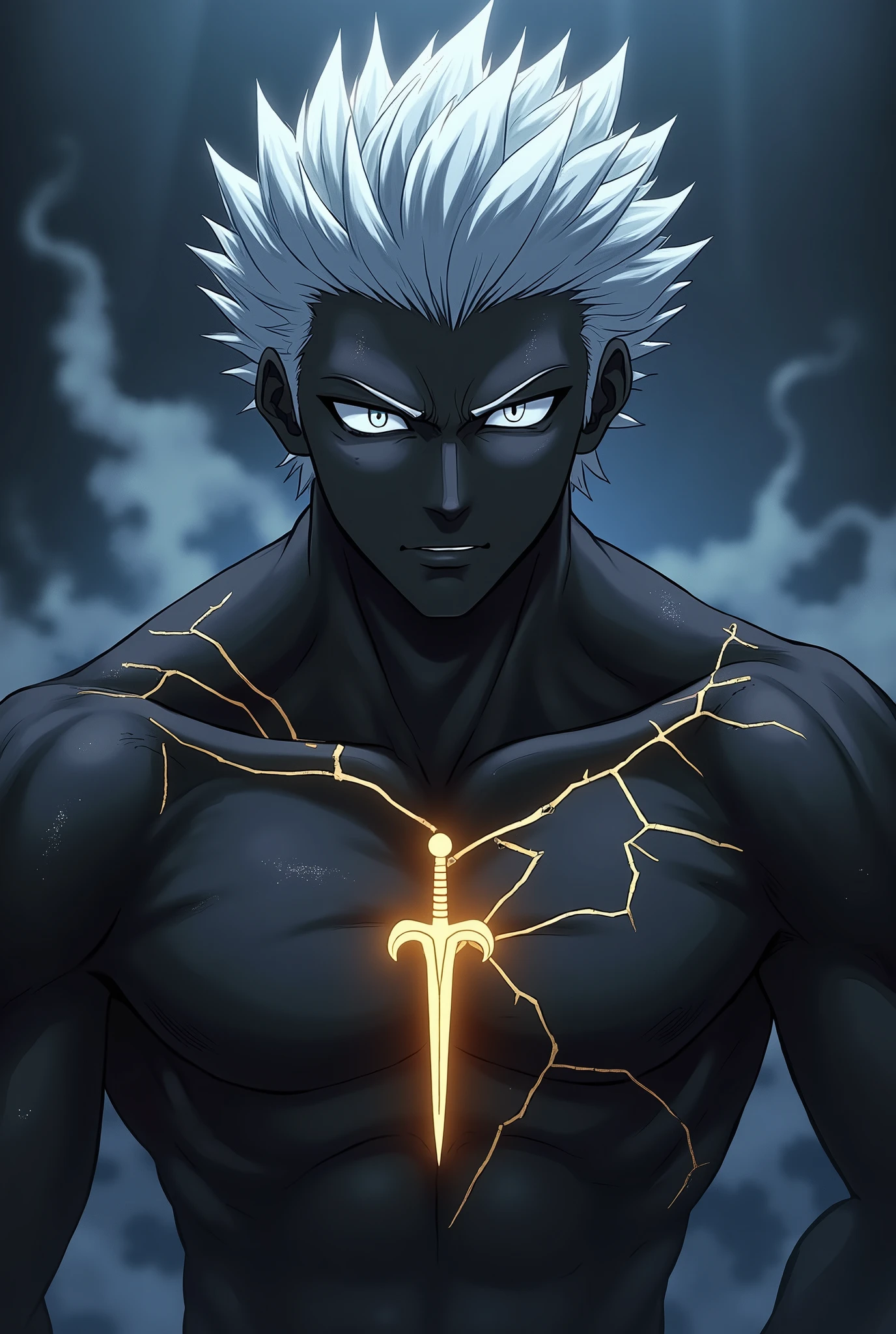 Young man,, ebony skin, bright white eyes, cracked body, magic cracks, Smoke atmosphere, night, golden tattoo of sword: Excalibur on his chest, bare-chested. Powerful, muscular aura, anime style, Silver hair. (((Emiya Shirou face.)))
