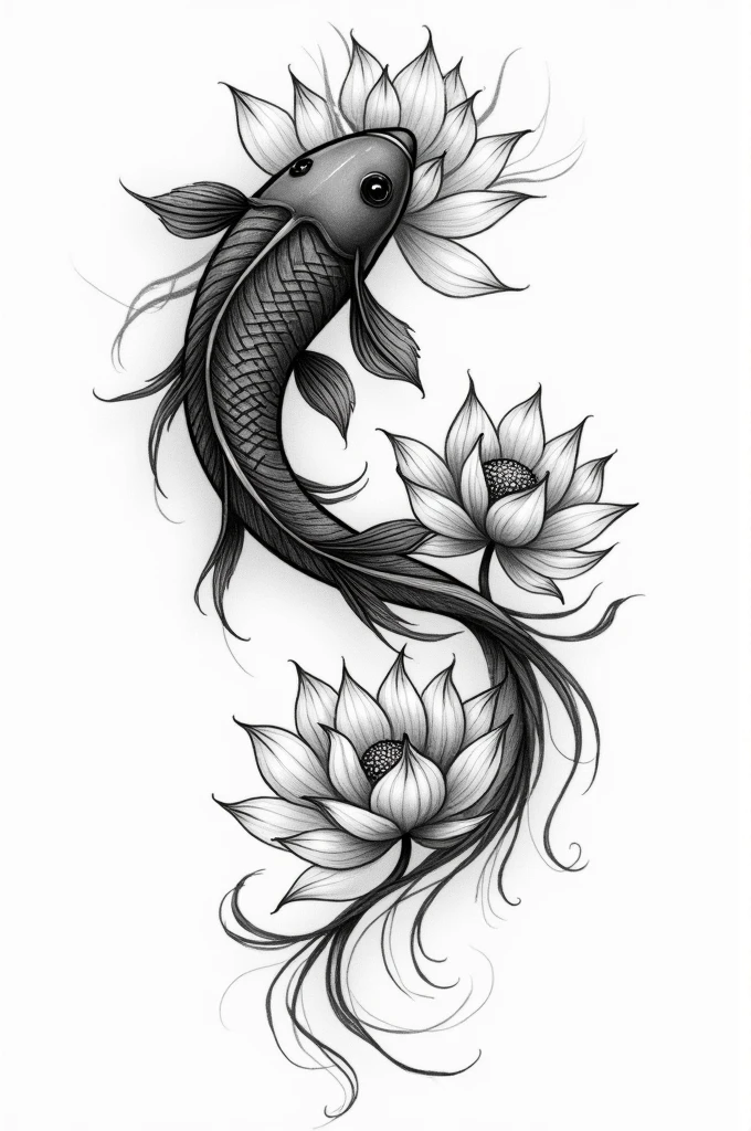 Create a sketch of a tattoo idea: a fish (de ying y yang) vertically and around lotus flowers. (Similar to a hand drawing)