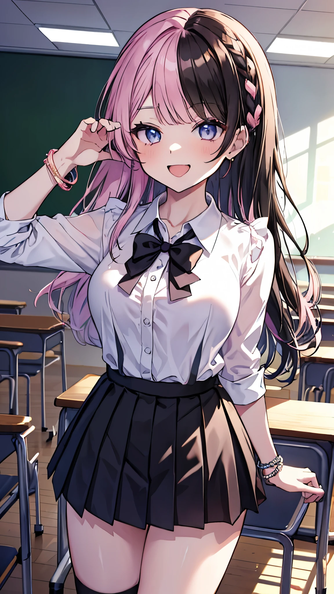 ((masterpiece、Highest quality、Very detailed))、One person、gyaru、(split-color hair　black hair + pink hair), HinanoBase, two-tone hair, long hair, french braid, hair bow、Light blue eyes、evil smile、((Laughing))、Moderate breasts、((White collared shirt))、A bow tie、bracelet、((Black pleated skirt))、((miniskirt))、Cowboy Shot、Classroom Background