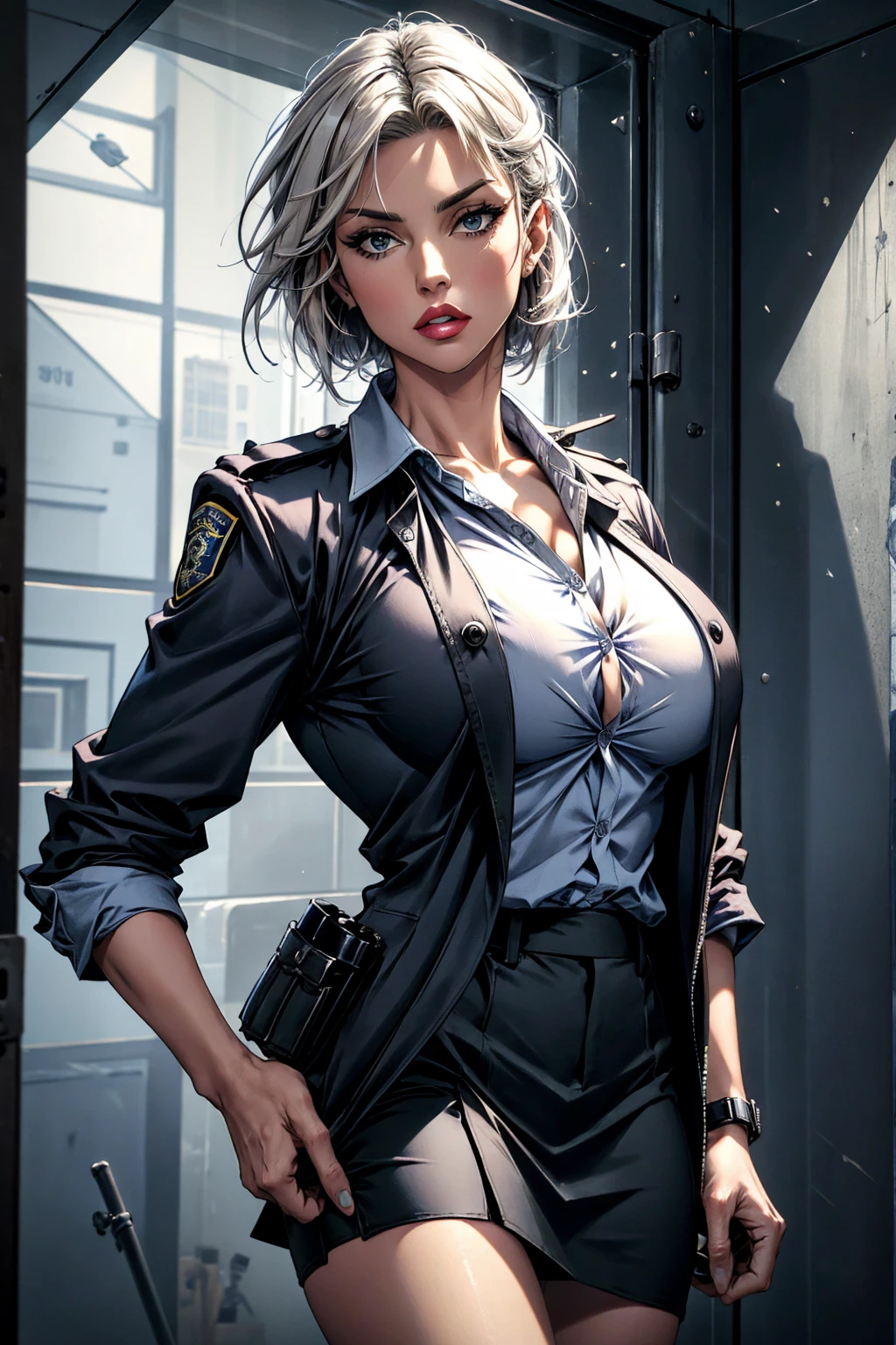 p13tr4pr1nc1p3, dressed as a police officer {{shirt with buttons, skirt short, tight and sexy clothes}}, holding a pistol, in front of a prison cell ((bimbostyle))