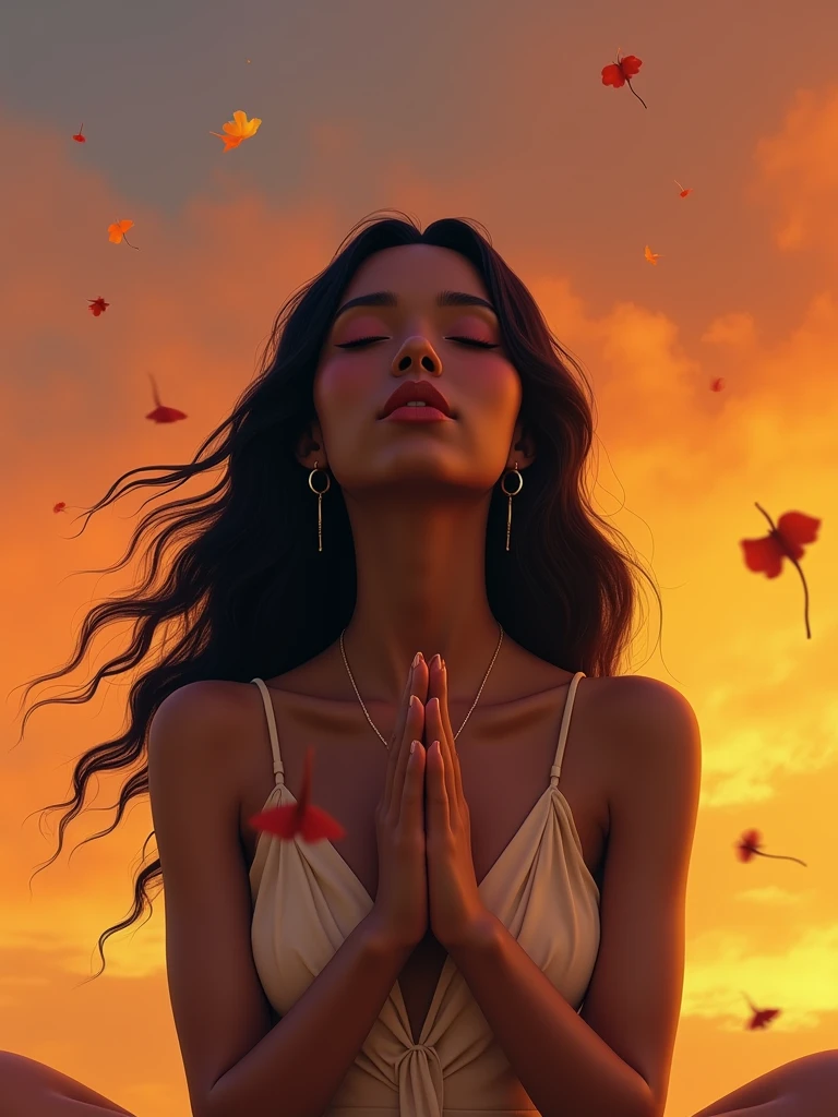 1girl, black hair, closed eyes, dark skin, earrings, ginkgo leaf, gradient, gradient background, jewelry, long hair, male focus, orange background, orange sky, orange theme, own hands clasped, own hands together, solo, sunset, upper body, yellow background, yellow sky