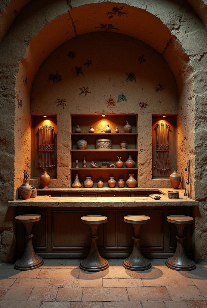 Generate a bar decorated with niches containing pots, Cave paintings and wooden pictures containing Inca arrows and bows.
