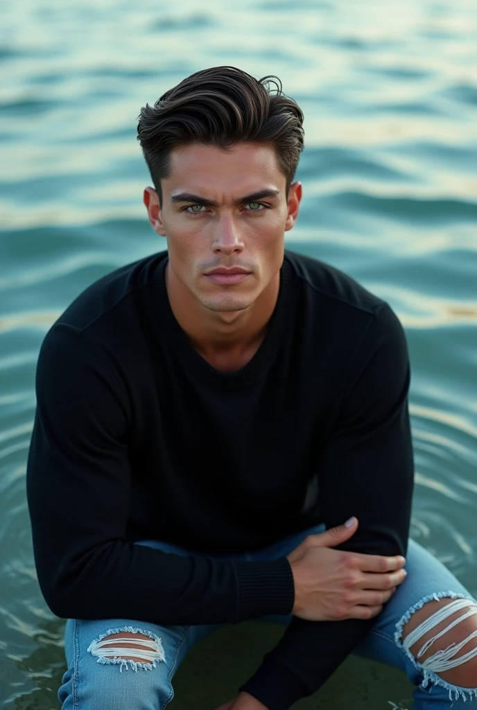 (photorealism:1.2), (8k) (detailed) (full body) Give me a man, Facial features: Square face with a marked jaw, prominent cheekbones and thick, dark eyebrows. Adds youthfulness to his appearance. Hair: Dark hair, usually combed back or with a slightly disheveled style, which can vary between short and medium. Eyes: Dark green eyes, with a penetrating look that expresses confidence, with cross-shaped hoops on each side. Build: slim and well-defined. Height 1.80, which gives him an imposing presence. Style: His style of clothing: black sweater, ripped jean pants. Skin tone: Tanned skin tone, typical of the Mediterranean. Expression: He usually has a serious or concentrated expression, although he can show a charming and confident smile. (sitting in a sea) (high resolution), (4k).