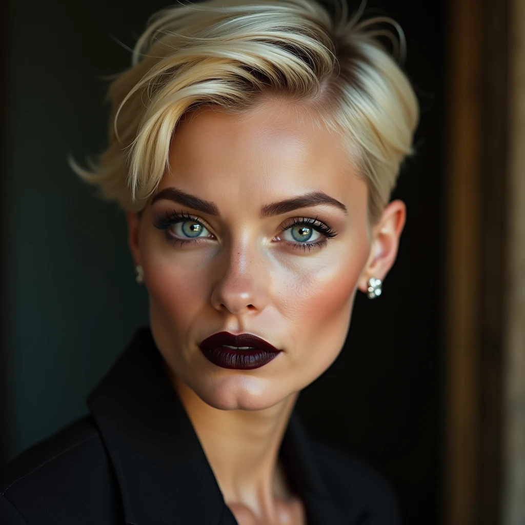 Adult female face, 30 years old, French, rich people, celebrity, arrogance, contemptuous, cruelty, Fine, clear, white skin without wrinkles or blemishes, Blonde, short hair, pixie cut, Forehead, arched, thin and light eyebrows, loose double eyelids, clear, reflective blue eyes, A straight, high nose, well-proportioned nostrils, dark lipstick, Shape cheek line, slim and thin chin