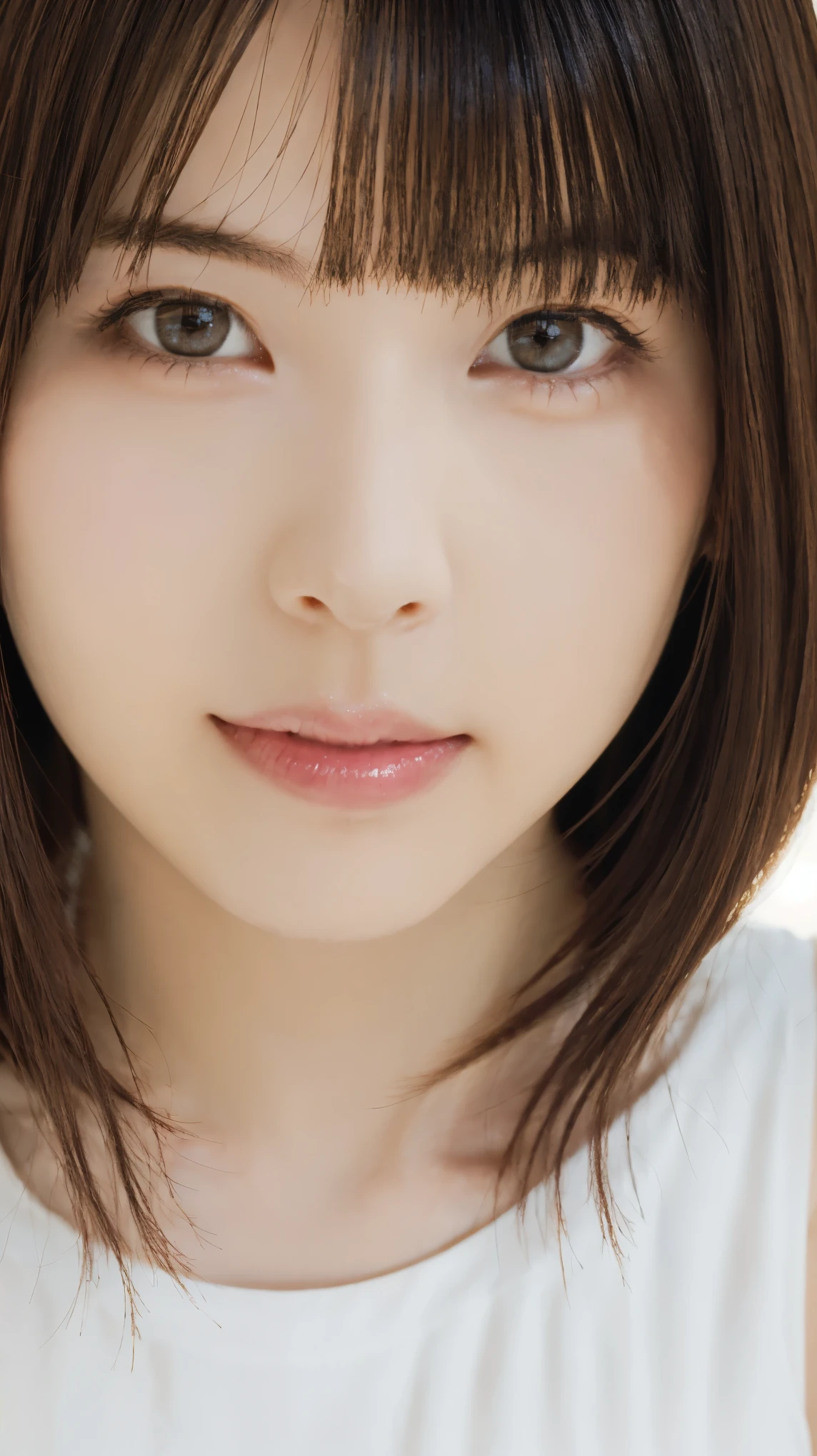 1 girl, (Wearing a white tank top:1.2), Very beautiful Japanese idol portraits,(( Close-up of face:1.3))
(RAW Photos, Highest quality), (Realistic, Realistic:1.4), (masterpiece),
Very delicate and beautiful, Very detailed, 2k wallpaper, wonderful, finely, Very detailed CG Unity 8K 壁紙, Very detailed, High resolution, Soft Light,
Beautiful detailed girl, Very detailed目と顔, Beautiful and sophisticated nose, Big beautiful eyes, Cinema Lighting,
(Simple light color background:1.3),
(Medium Hair), (Parted bangs),
Complete Anatomy, Slender body,Big Breasts, Sensual look