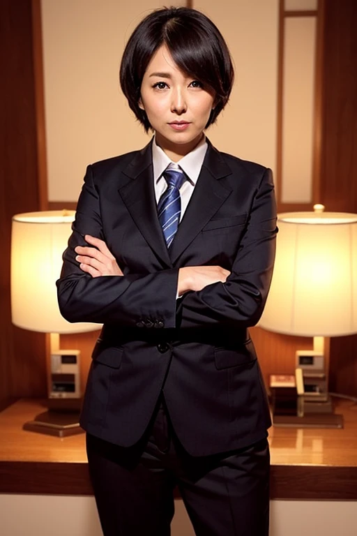 One female、39age、Shortcuts、suit、Upper body only、Arms crossed。Cool atmosphere、Promotional photo。Japanese。
