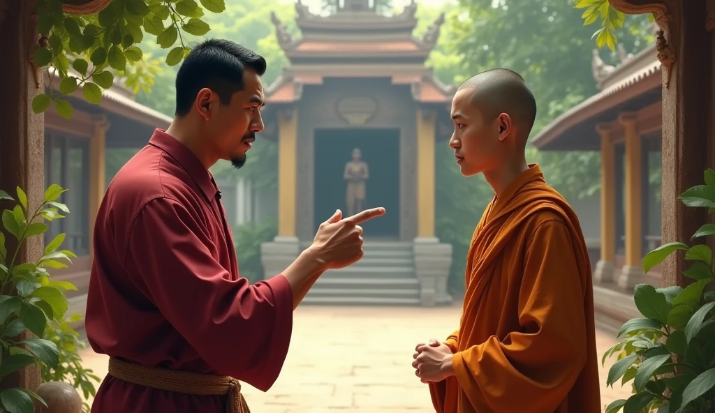 A khmer man angry and point to a young monk, a young monk silent with no action