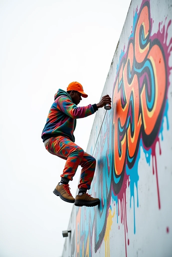 Graffiti artist hanging from a building painting graffiti, WITH WHITE BACKGROUND