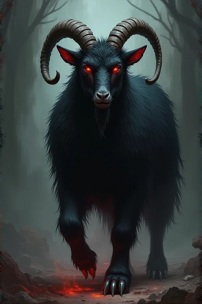 A furry style drawing of a black demon goat with red eyes