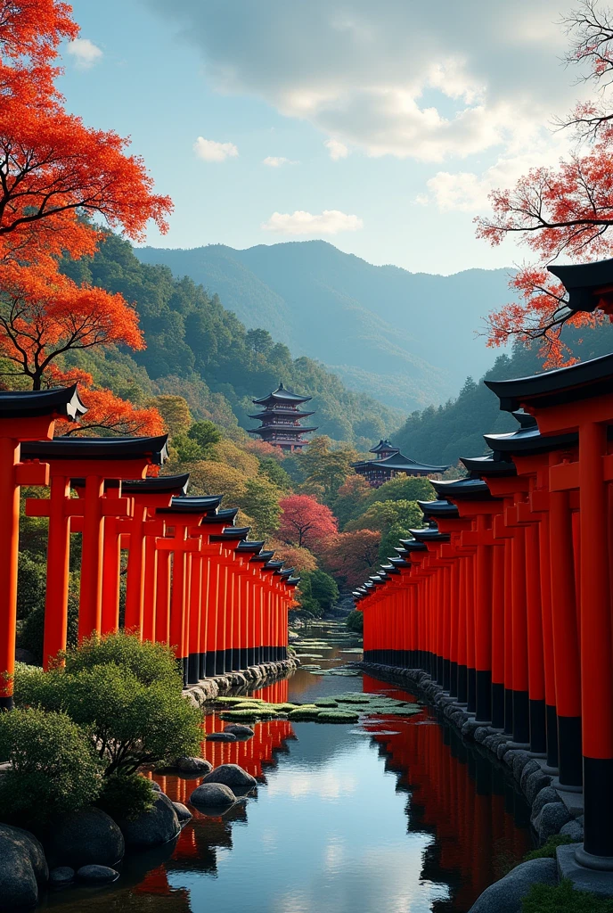 A panoramic view showcasing Kyoto’s traditional charm with the Fushimi Inari Shrine's red torii gates winding up a forested mountain, and a serene tea garden with a tranquil pond. In the background, the ancient Kiyomizu-dera temple stands proudly, surrounded by autumn foliage.