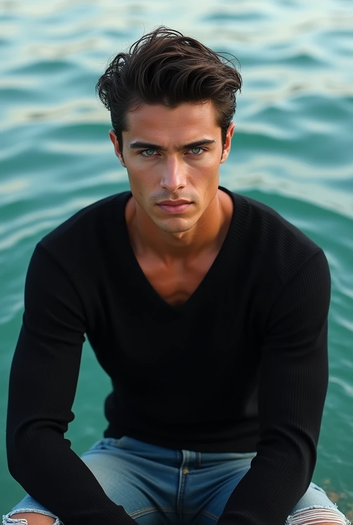 (photorealism:1.2), (8k) (detailed) (full body) Give me a man, Facial features: Square face with a marked jaw, prominent cheekbones and thick, dark eyebrows. Adds youthfulness to his appearance. Hair: Dark hair, usually combed back or with a slightly disheveled style, which can vary between short and medium. Eyes: Dark green eyes, with a penetrating look that expresses confidence, with cross-shaped hoops on each side. Build: slim and well-defined. Height 1.80, which gives him an imposing presence. Style: His style of clothing: black sweater, ripped jean pants. Skin tone: Tanned skin tone, typical of the Mediterranean. Expression: He usually has a serious or concentrated expression, although he can show a charming and confident smile. (sitting in a sea) (high resolution), (4k).