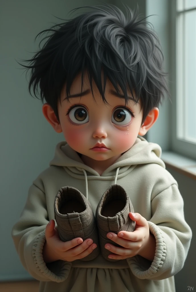 Boy holding shoes and crying　Realistic Boy　cute　bit