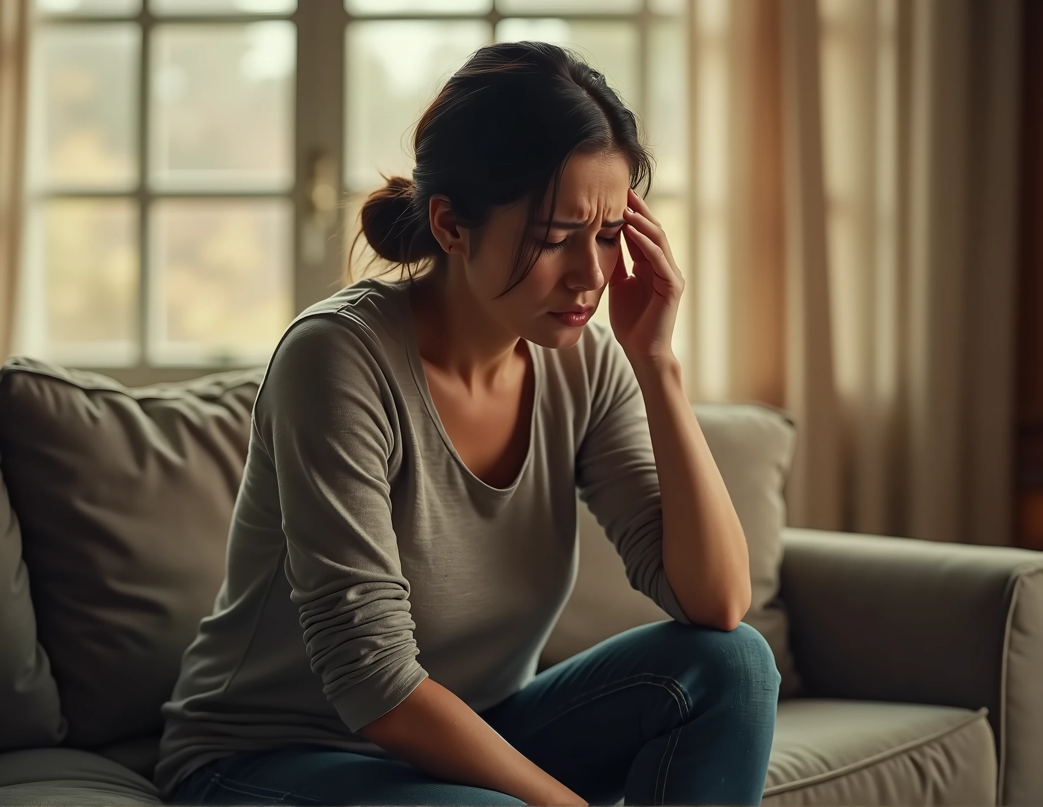 (masterpiece, Best Quality, High resolution: 1.2), (photorealistic: 1.2), (detailed and warm: 1.2), A woman sitting alone on a sofa in her home, captured with a wide angle lens. The scene shows the woman with one hand on her temple, His expression reflects deep pain and anguish caused by vertigo.. His eyes are closed, and his body slightly leaning forward, as if trying to stabilize. Soft, clear light comes from large windows, allowing natural light to enter, illuminating the living room with a warm glow, But the general atmosphere feels tense due to the woman&#39;s expression of discomfort.. The environment is welcoming, but the feeling of anguish is palpable, Capturing the lonely and painful experience of vertigo.