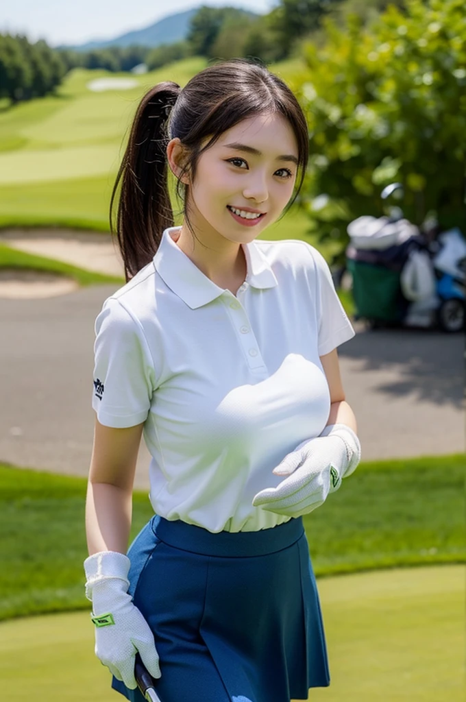 Highly detailed CG Unity 8K wallpapers, With the highest quality, Very detailed, masterpiece, Realistic, Realistic photos, Very detailedかわいい女の子, alone、thin, (タイトなGolf Wear) , (Golf Mini Flare Skirt) , (Wearing golf gloves)、smile , thin body, ((Large Breasts))、Viewers watch, Full Body Shot , Golf course , Sun visor, ponytail,Japanese women、light makeup、Baby Face