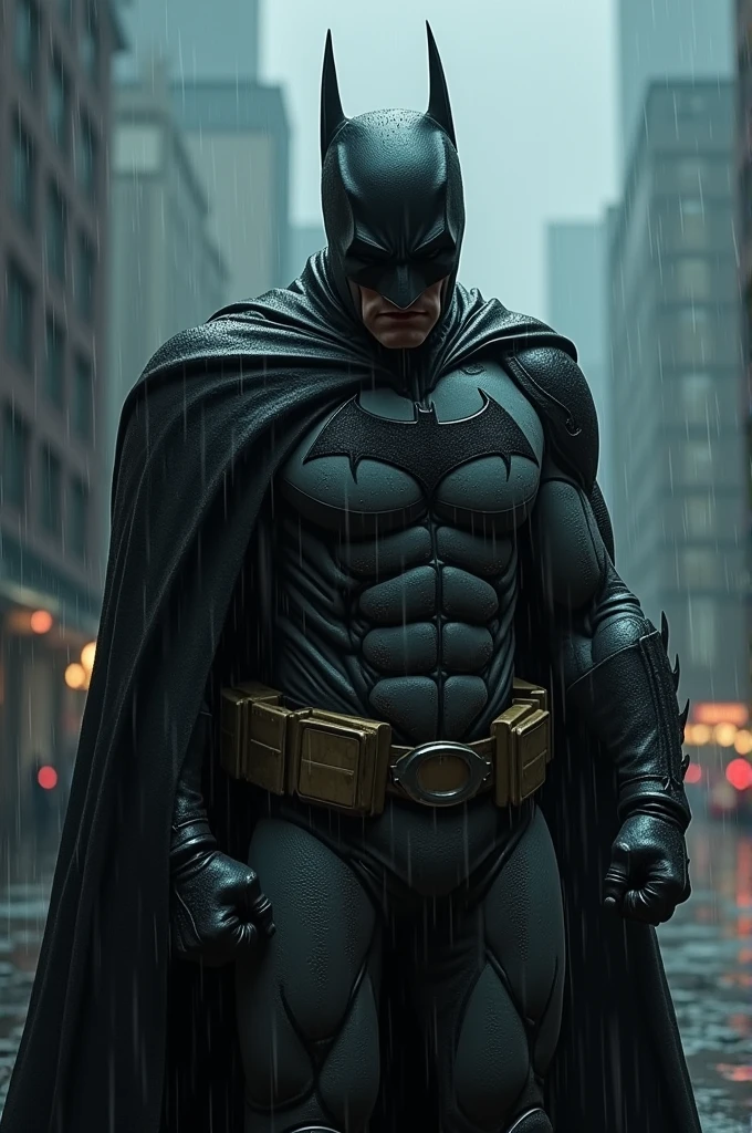 Batman but tired of being Batman defeated in the rain 