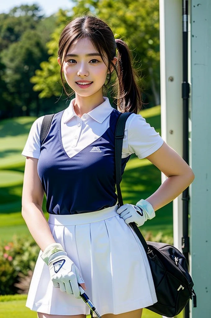 Highly detailed CG Unity 8K wallpapers, With the highest quality, Very detailed, masterpiece, Realistic, Realistic photos, Very detailedかわいい女の子,  alone、thin,  (タイトなGolf Wear) , (Golf Mini Flare Skirt) , (Wearing golf gloves)、smile , thin body, ((Large Breasts))、Viewers watch, Full Body Shot , Golf course , Sun visor,  ponytail,Japanese women、light makeup、