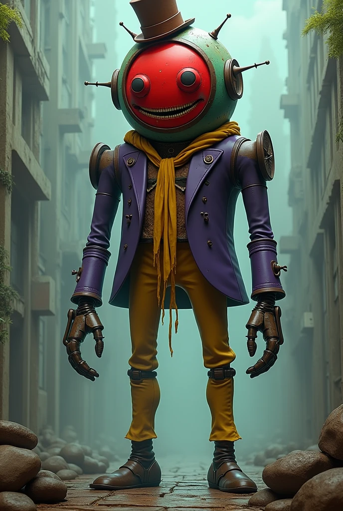 An imposing robot, scary and ancient, tall and long legged with a completely circular head with a red face with empty eyes and a huge smile with a brown top hat, with a purple jacket,with yellow pants and yellow scarf Tim Burton style