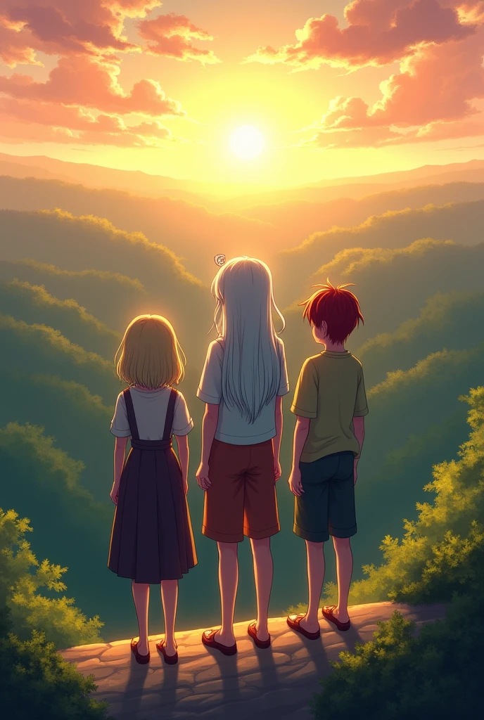 Draw three people with their backs turned looking at a horizon at sunset, looking across to another continent with lots of trees. They are standing on the edge of a cliff. One of them is a blonde haired feminine man with shoulder length bob hair. Another person is gender neutral, brunette with very long white hair, This is the highest of the 3. The last person is a man, has, short dark red hair. Everyone wears clothes.